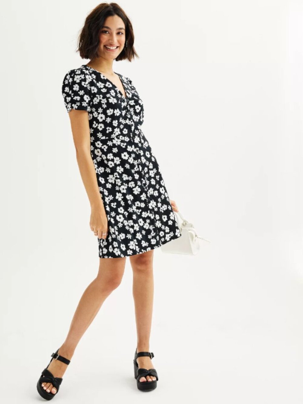 SO Goods For Life Button Front Dress Women's Small Black Floral V-Neck S-Sleeves